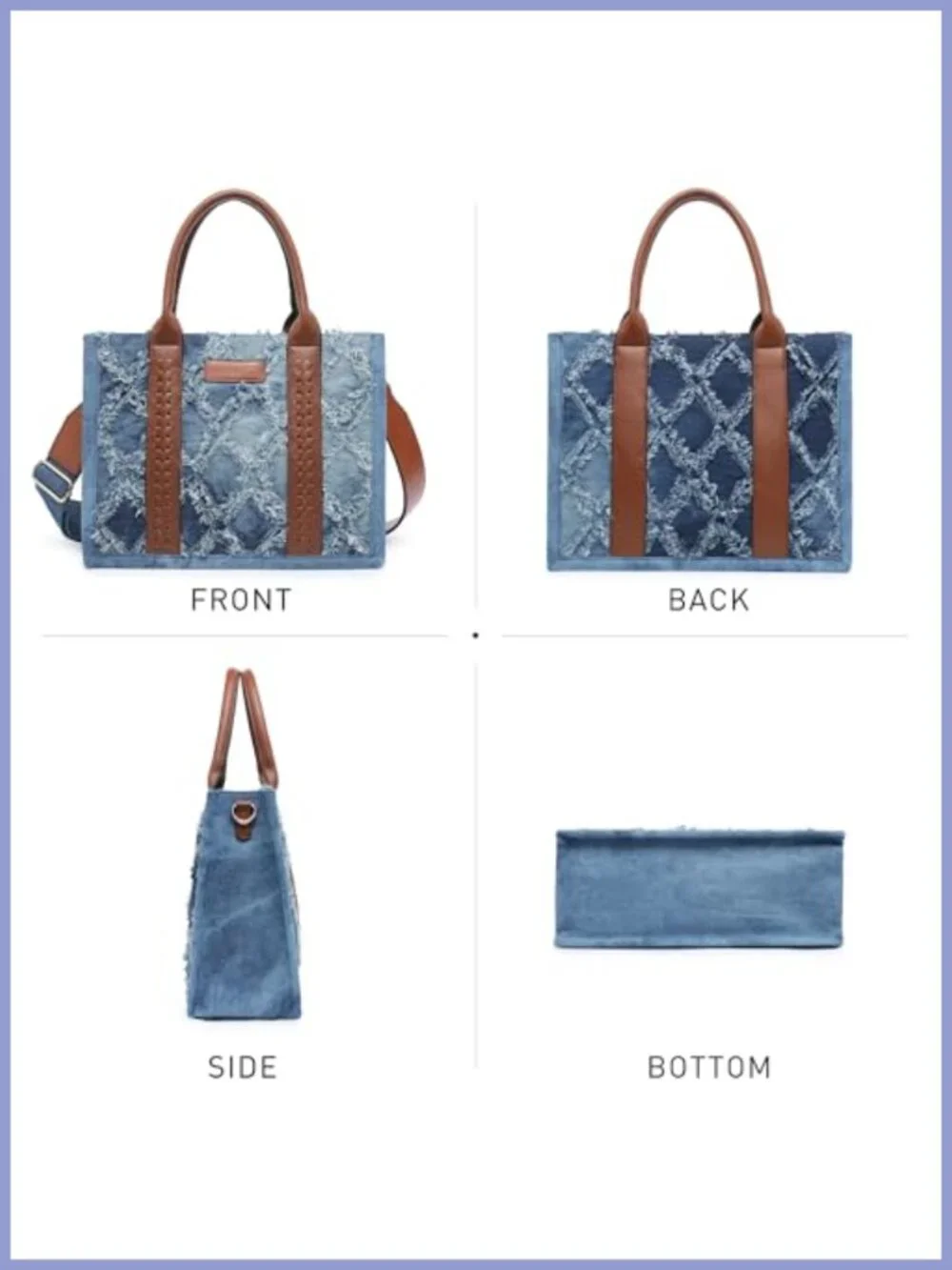 Denim Tote Bag Vegan Leather Satchel Purse with Wristlet